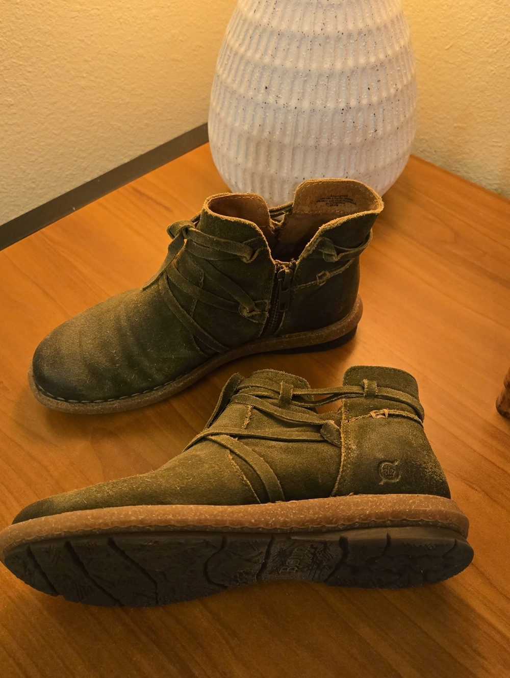 Born Tarkiln Women's Olive Suede Ankle Boots with Wrap Straps Size 6.5M/W - Picture 2 of 12
